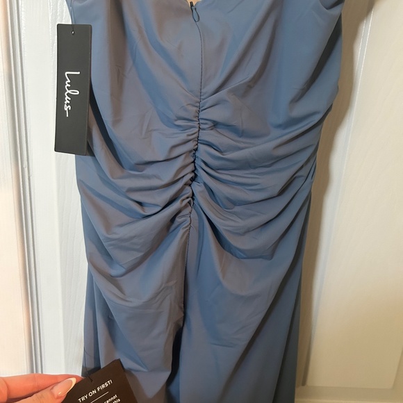 Lulus Mesmerizing Reputation Slate Blue Twist-front Bodycon Midi Dress - Size L - Picture 5 of 6